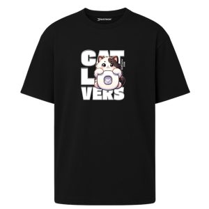 Cat Lovers Tasarım Premium Oversize Siyah Tişört