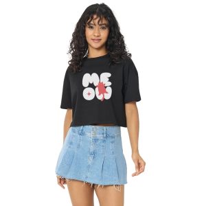 Meow Tasarım Premium Crop Tişört – Siyah
