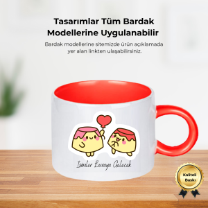 Kırmızı kulplu kupa üzerinde birbirine kalp veren sarı puding (muhallebi) karakterleri çizimi.