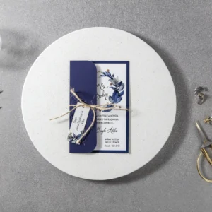 BST-7001 Lacivert Lüks Kılıflı ve Jüt İpli Floral Düğün Davetiyesi