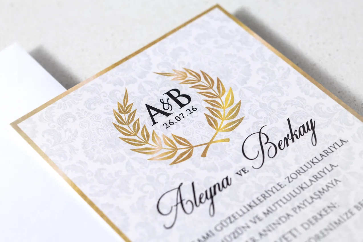 BST-7065 Altın Defne Amblemli ve Damask Desenli Lüks Dikey Davetiye - Görsel 2