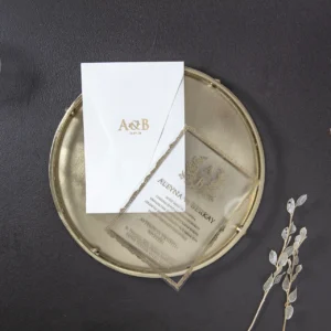 BST-7080 Altın Varak İşlemeli ve Şeffaf Pleksi Lüks Düğün Davetiyesi