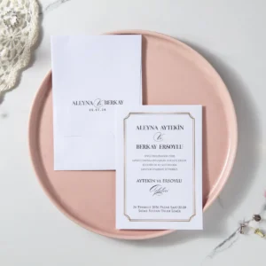 BST-7082 Altın Çerçeveli ve Minimalist Beyaz Lüks Düğün Davetiyesi