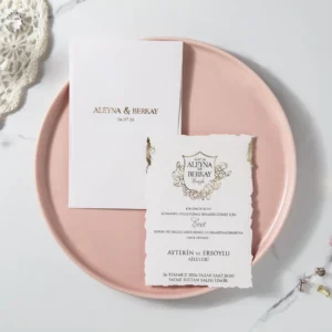 BST-7084 El Yapımı Kenar Kesimli ve Altın Floral Mühürlü Lüks Davetiye