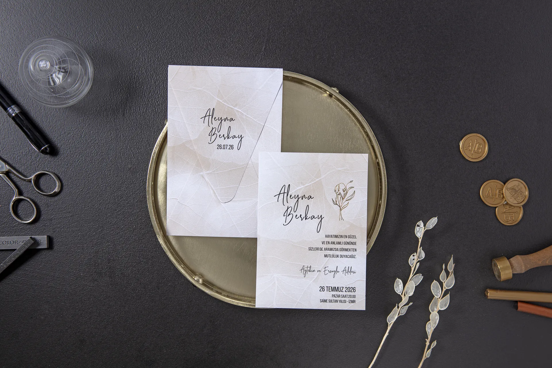 BST-7091 İskelet Yaprak Dokulu ve Modern Botanik İllüstrasyonlu Davetiye