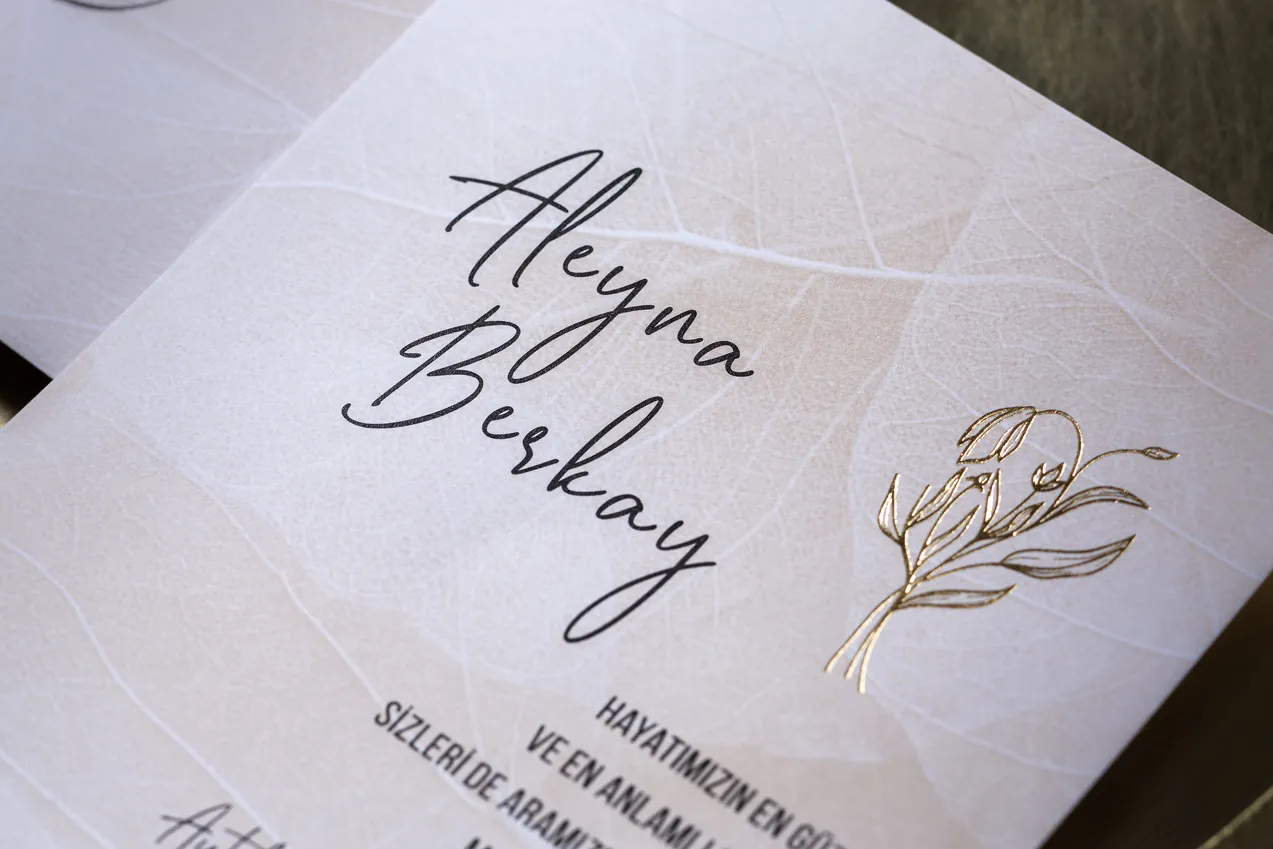 BST-7091 İskelet Yaprak Dokulu ve Modern Botanik İllüstrasyonlu Davetiye - Görsel 2